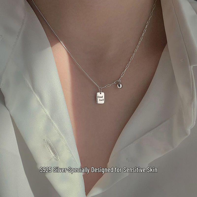 925 Sterling Silver Lucky Square Necklace - Trendy High-End Clavicle Chain Pendant for Women
