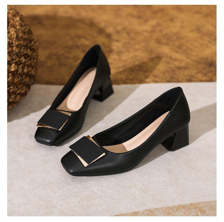 French Style Chunky Heel Pumps, Women's Pointed Toe Metal Buckle Flats, Soft Leather Work Slip-On Shoes for Office 2026