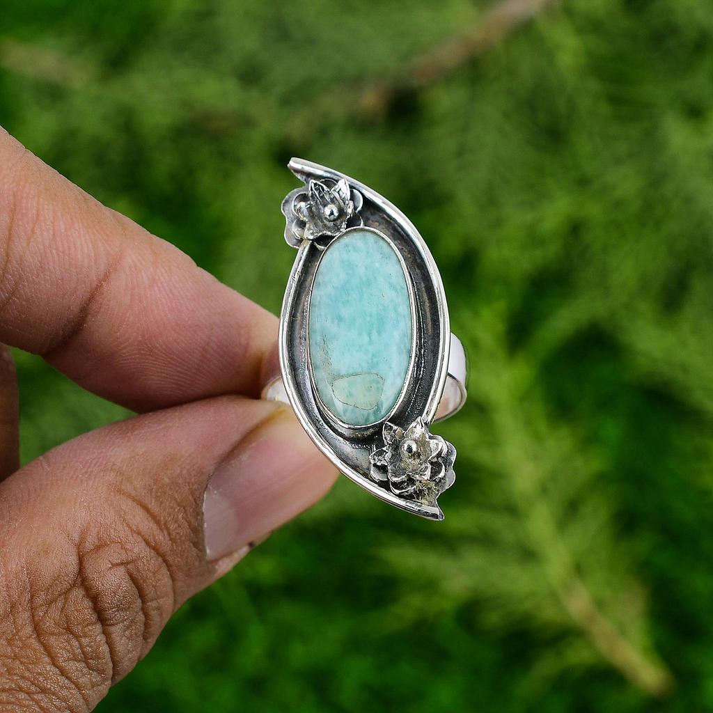 Natural Amazonite Gemstone 925 Silver Solitaire Flower Adjustable Ring For Girls