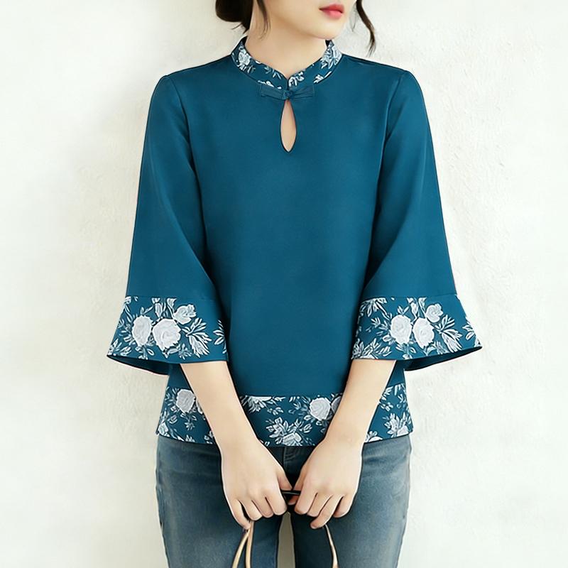 ZANZEA Women Casual Stand Collar Summer Floral Splice 3/4 Sleeve Blouse