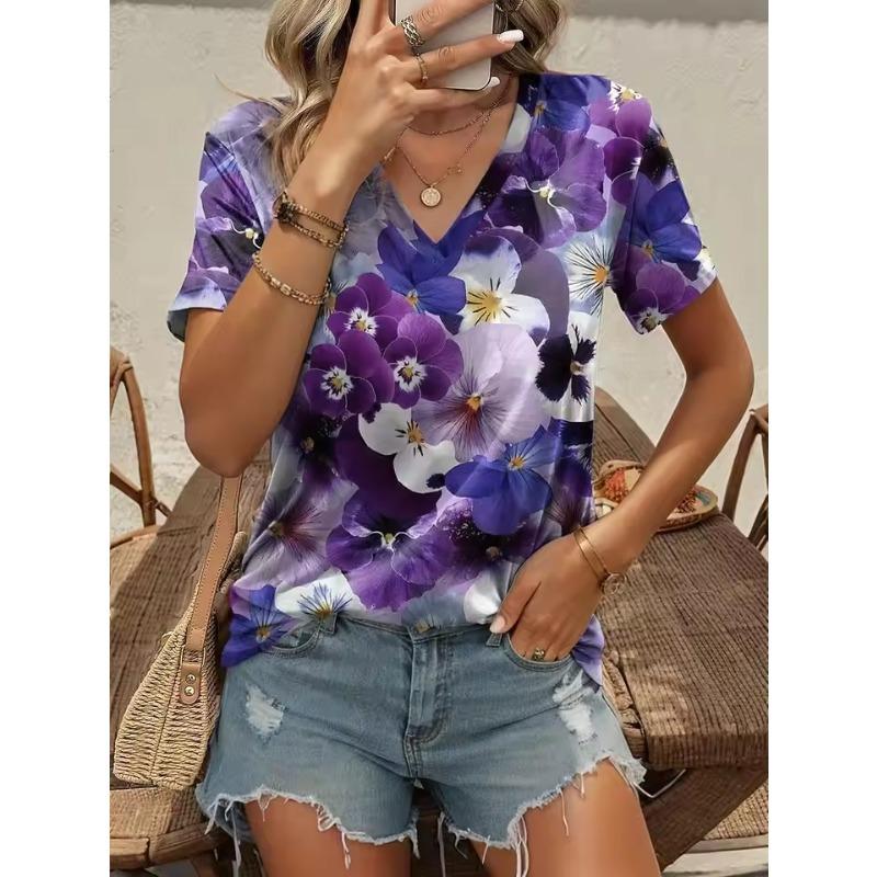 Women's Summer T-Shirt 3D Plant Flower Print Retro Fashion Casual Short-Sleeved Street Oversized V-Neck Women's Clothing