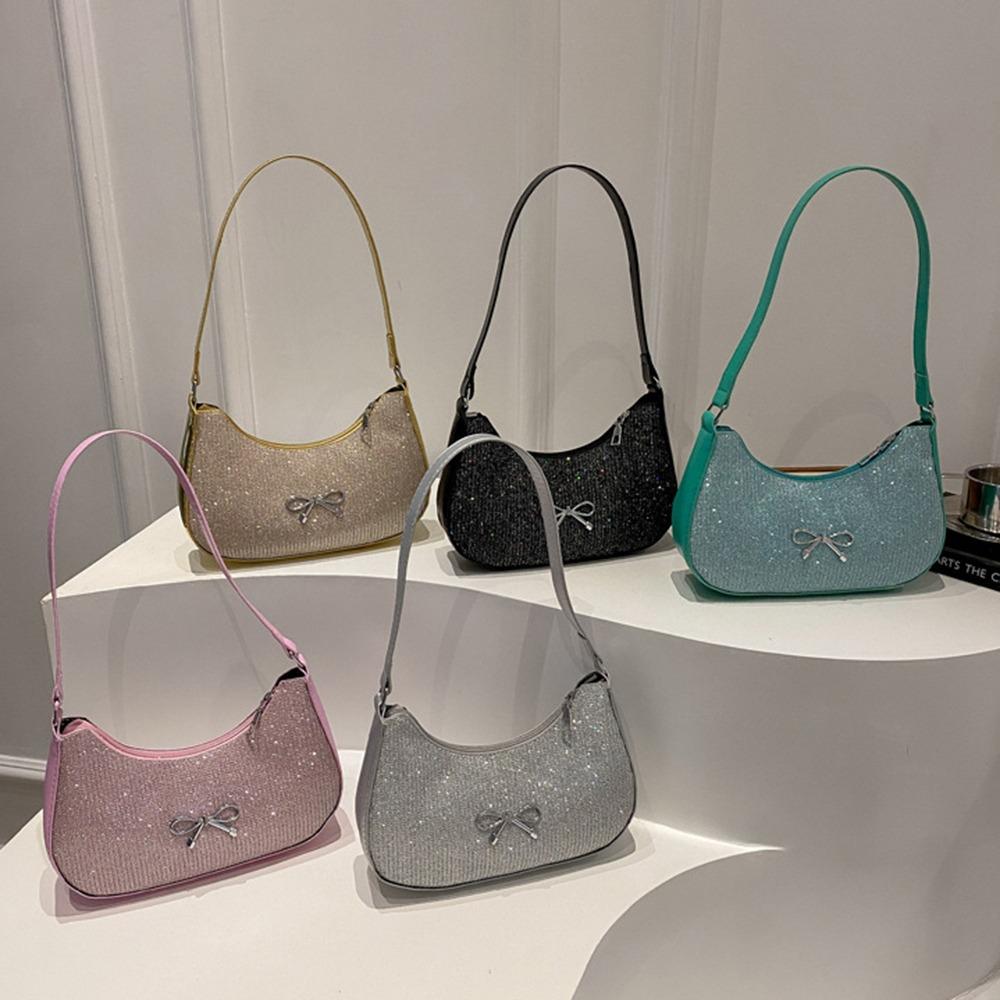 Solid Color Bowknot Shoulder Bag Shiny Women Handbag Simple Underarm Tote Bag  Lady