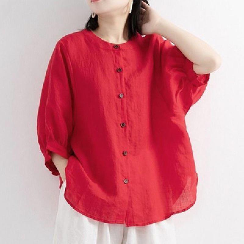 2026 Spring/Summer Cotton Linen Women s Retro Lantern Sleeve Top - Plus Size, Loose Mid-Sleeve Blouse M красный