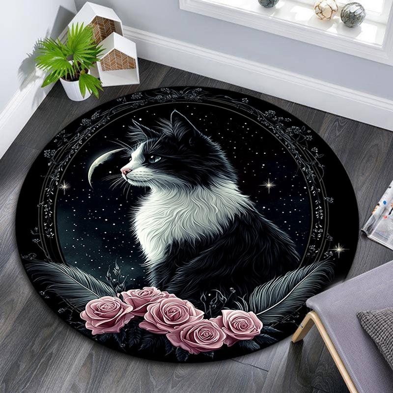 

Black and White Cat with Moon Round Area Rug,Carpet Rug for Living Room Bedroom Sofa Playroom Decor,Non-slip Floor Mat 80cmx80cm