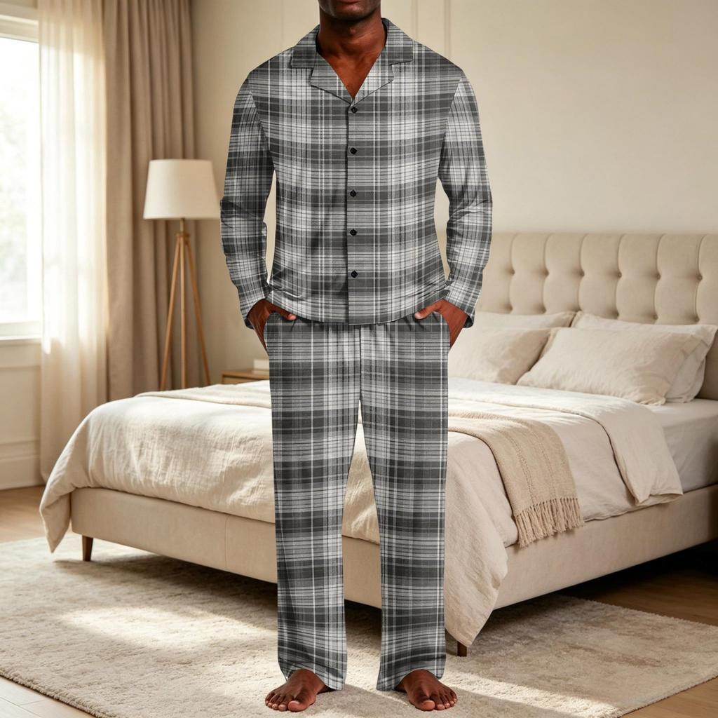 Herren-Karos-Pyjama-Set mit Hemd mit Knopfleiste und Reverskragen und entspannter Passform mit geradem Bein - Zweiteilige Nachtwäsche