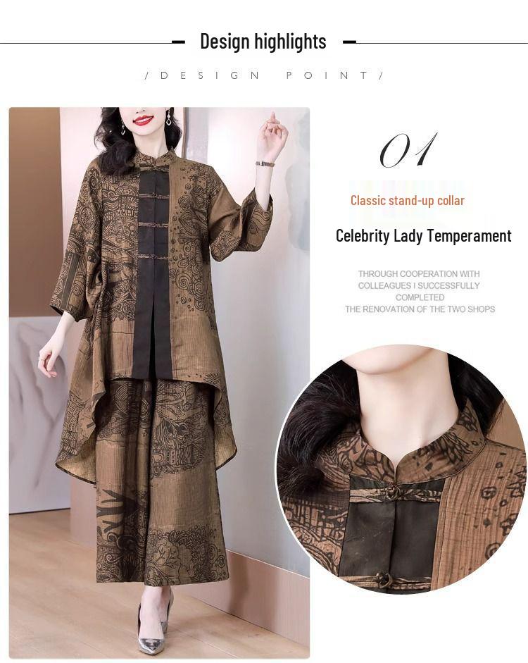 Lady's Spring 2025 Plus Size Retro Two-Piece: Irregular Top & Wide-Leg Pants Set