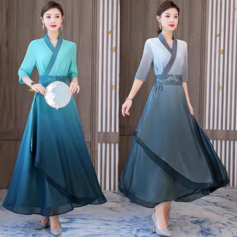 Spring/Summer Chinese Han Gradient Color Zen Tea Suit Dress - National Style Spa & Salon Attire