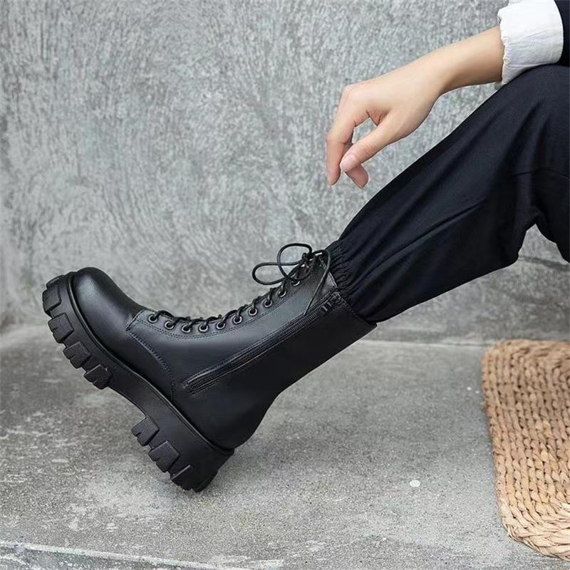 Fashion Women's Boots Fashion High-top Leather Boots Lace Up Platform Boot Side Zipper Ankle Boots for Women Motorcycle Boot Botas Mujer