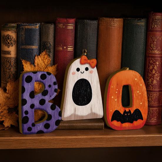3Pcs/Set Wooden Halloween Statues, Letter Bat Pumpkin Ghost with Bowknot Deisgn, Halloween Desktop Ornaments, Holiday Party Decor & Scene Layout