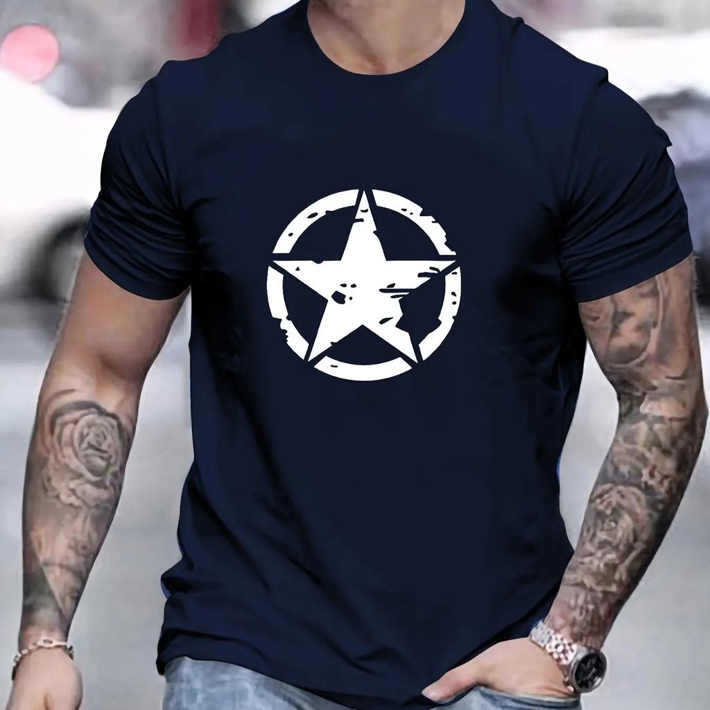 Summer Mens Cotton Comfortable Casual Loose Oversized Star Logo Graphic Printed Sports Round Neck Short Sleeved Tshirt