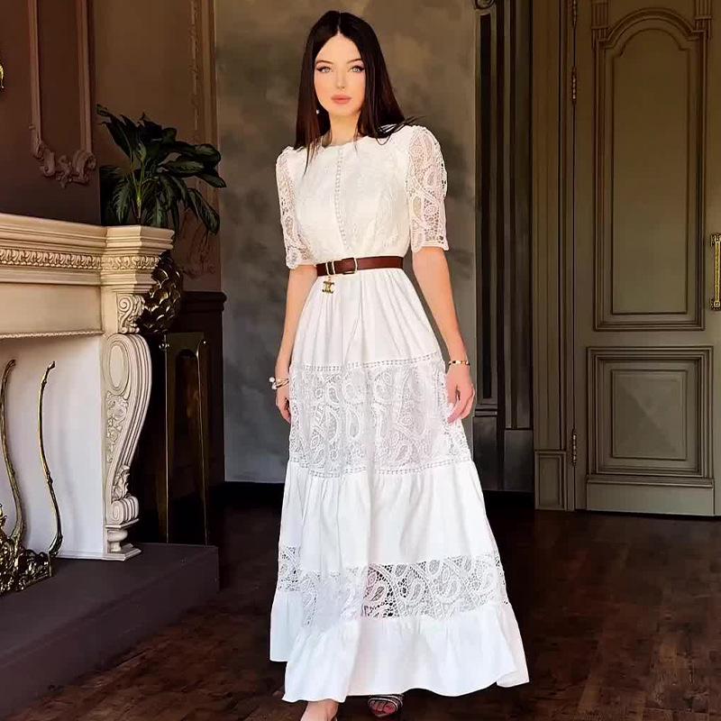 2024 Autumn Elegant Solid Color Hollow-Out Round Neck Dress