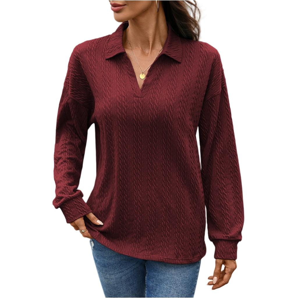 Damenmode Lässig Einfarbig Revers Locker Langarm T-Shirt Top