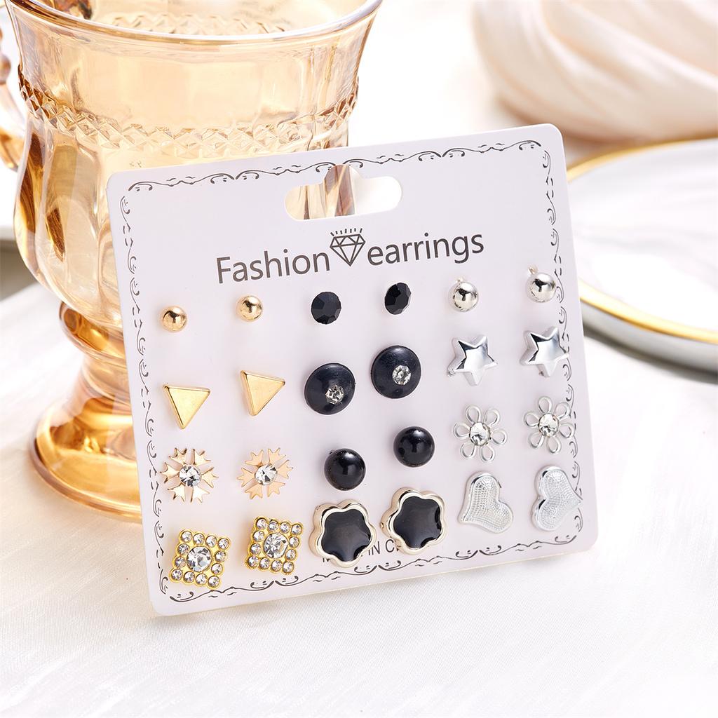 12Pairs/Set Fashion Geometric Stud Earrings Set For Women Love Heart Bowknot Rose Flower Star Moon Pearl Earrings Party Jewelry