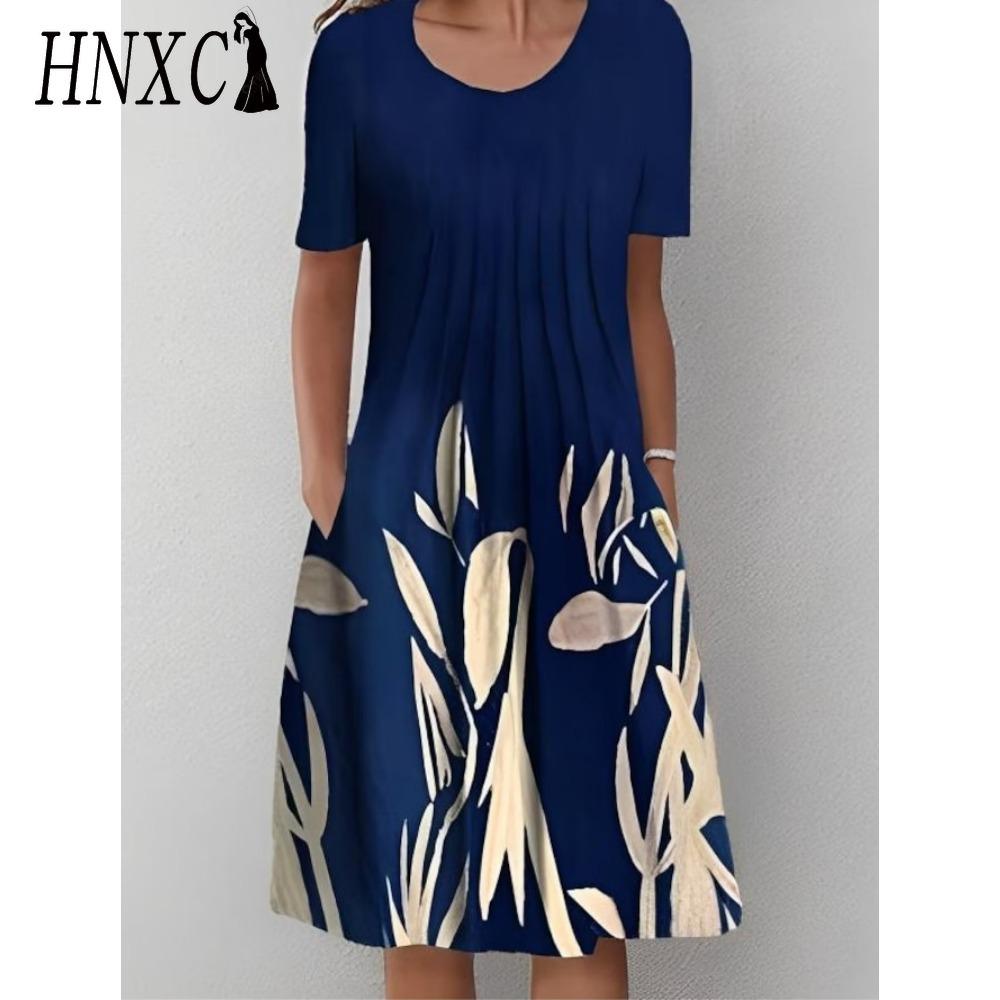 HNXC 30 Color Pleated Midi Dress Short Sleeve Round Neck Loose Hem Mid-Calf Length Women Floral A-Line Party Dress Casual Wear