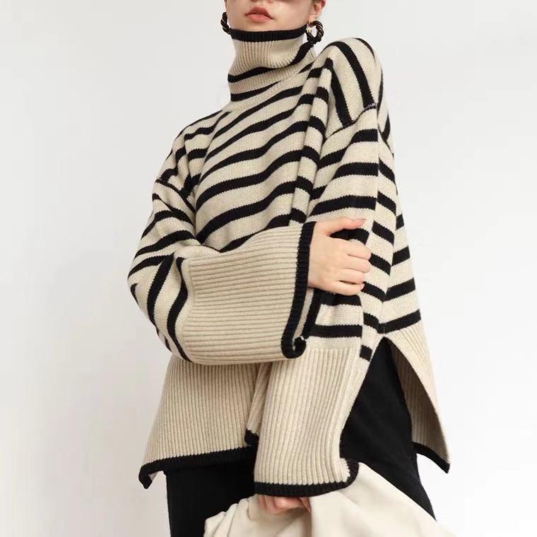 Women's High-Neck Striped Sweater - Japanese & Korean Style, Loose Fit Knit Top