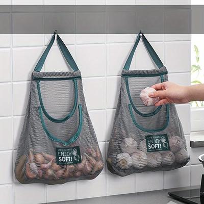1pc Large Capacity Kitchen Storage Bag - Wall-Mounted Mesh Net for Vegetables, Fruits, Ginger, Garlic - Durable Green Polyester with Drawstring