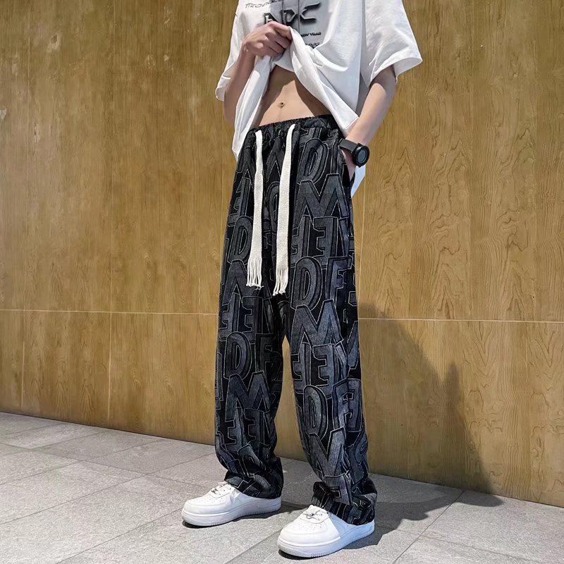 

Trendy Corduroy Men s Full-Print Casual Pants: Retro Loose-Fit Straight Trousers for Spring & Autumn 2XL чорний