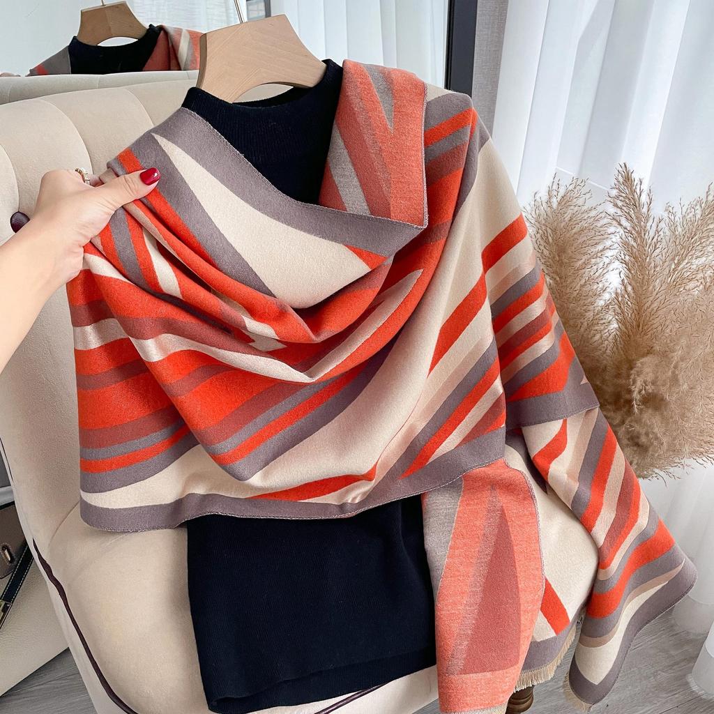 Imitation Cashmere Scarf Women'S Stripe Warm Scarf Air-Conditioned Room Shawl Double-Sided Multi-Purpose Factory