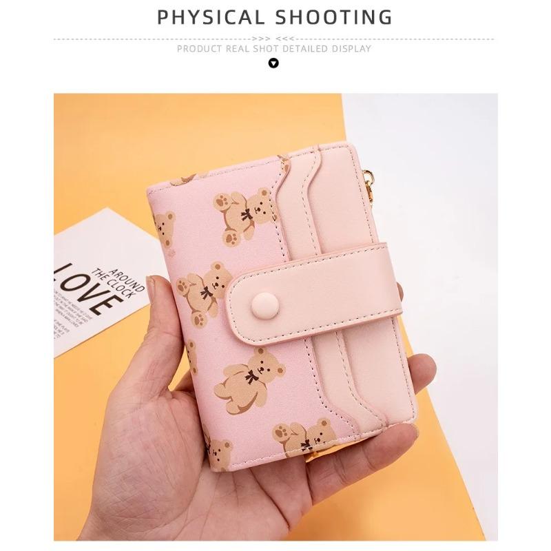 Damen-Geldbörse mit Cartoon-Teddybär-Motiv, großem Münzfach mit Druckknopfverschluss, faltbarer, multifunktionaler Clutch