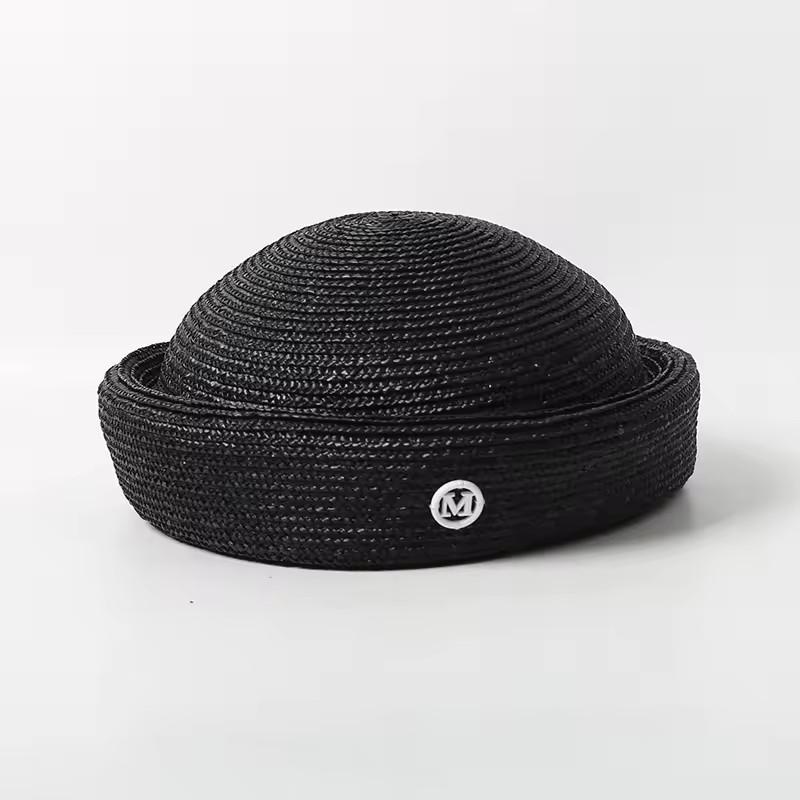 Ins Luxury 100% Natural Straw Berets Women French Hand Woven Sun Hat Concave Shape Flat Top Beach Caps Church Derby Pillbox Hat