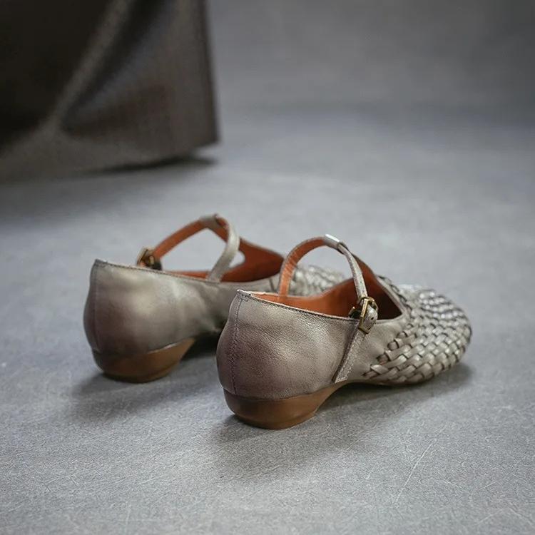 Johnature Genuine Leather Woven Shallow Mary Jane Shoes Retro Low Heeled Women's Shoes