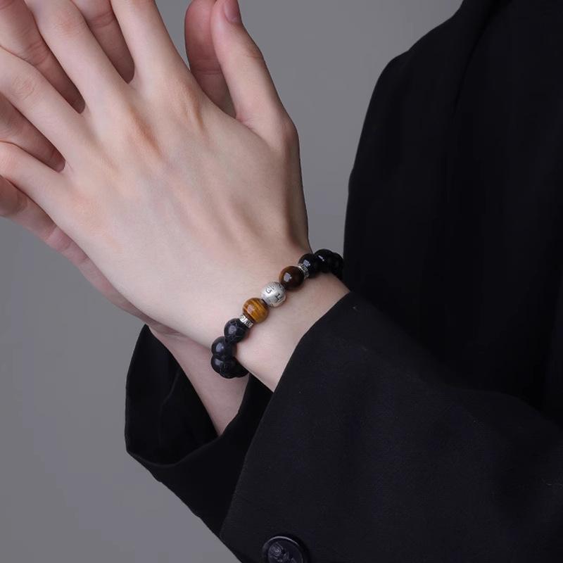 Natural Obsidian Map Stone Sterling Silver Bracelet for Couples, New Chinese Style Six-character Mantra Fortune Bead Traditional Chinese Culture