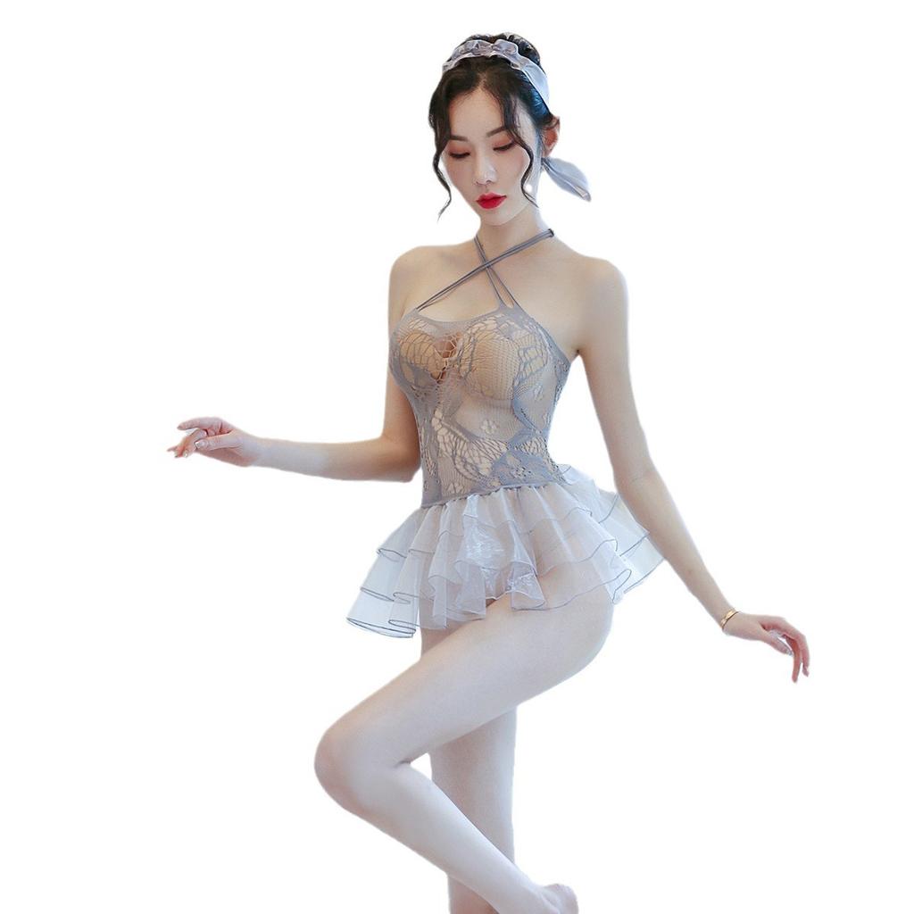 Sex Underwear, Sexy Cross Shoulder Straps, Transparent Mesh Dress, Short Skirt, Headgear Set, Uniform Temptation and Beauty