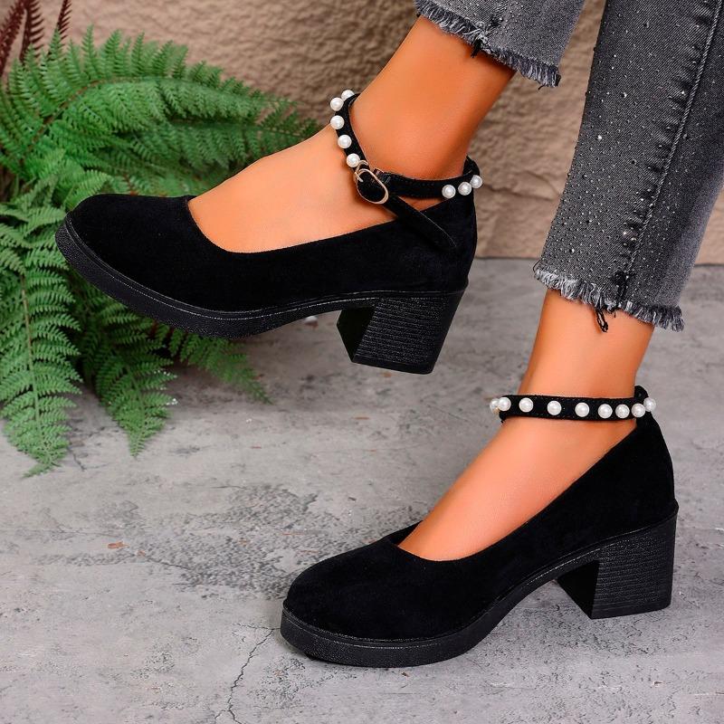 Fashion 2025 Plus Size Women's Mary Jane High Heels Round Toe String Bead Buckle Strap Chunky Heel Pumps for Retro Office & Career Shoes