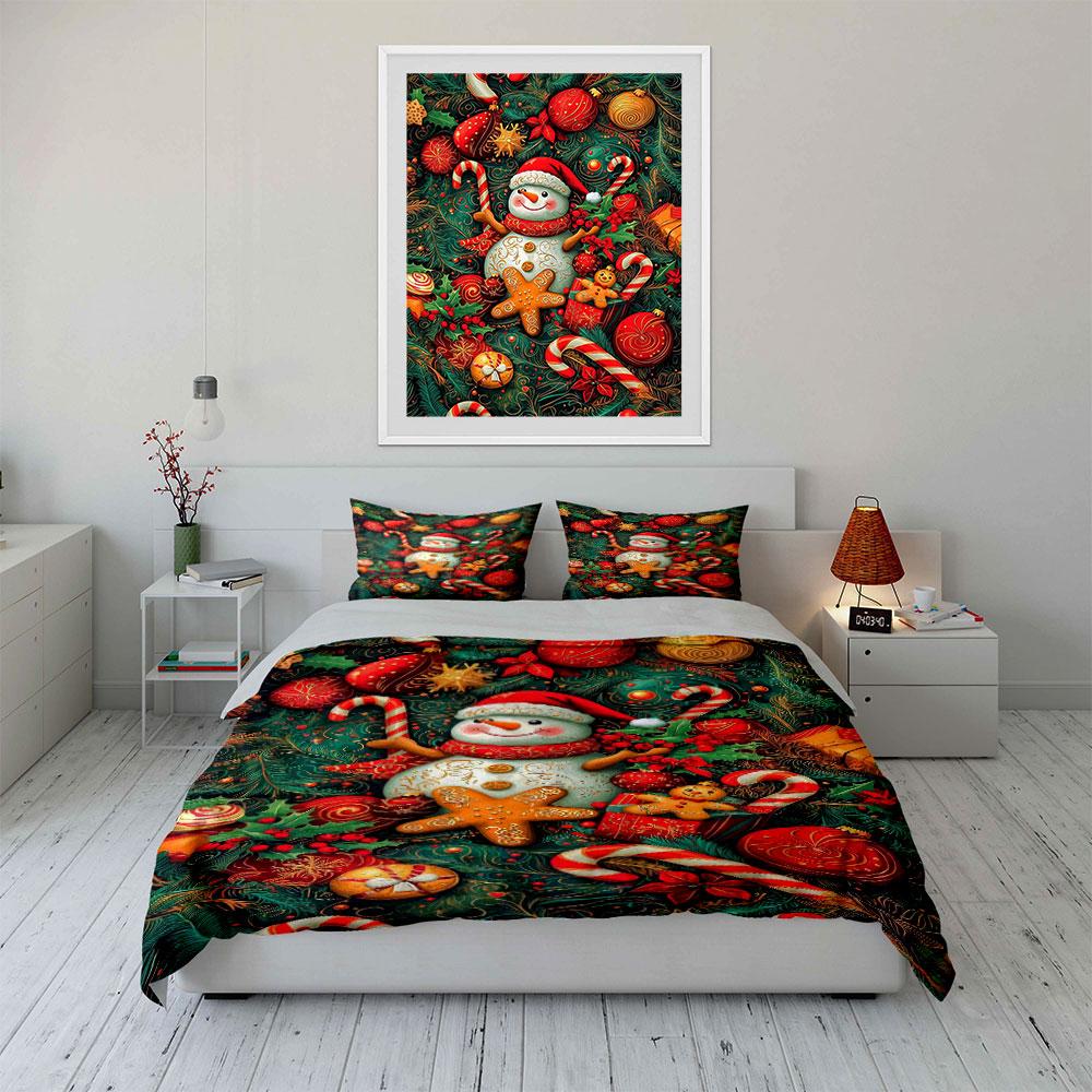 Christmas Snowman and Candy Decor Bedding Duvet Cover Set Duvet Cover Pillowcases (1*Duvet Cover 2*Pillowcases, Without Duvet Insert)