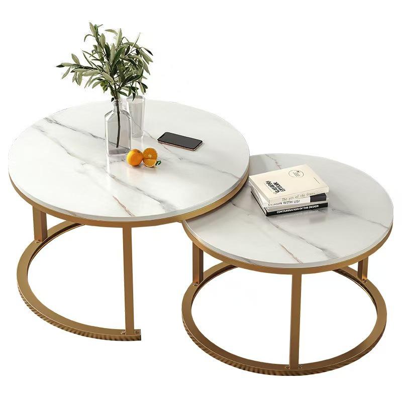 Modern Minimalist Round Coffee Table Set with Stone Pattern and Iron Art Storage