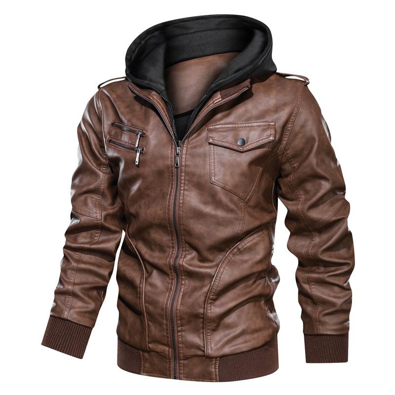 [European size] Winter men's removable hooded pu leather jacket, large size casual locomotive leather jacket for men
