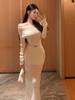 French Apricot One-Shoulder Knit Dress: Long Sleeve Autumn/Winter Slim Fit Bodycon with Cinched Waist and Patchwork Design.