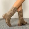 2025 Winter New Suede British Style Mid-Top Boots Women's Plus Size Pleated Pointed Stack Boots