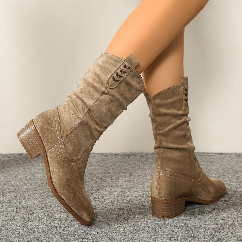 2025 Winter New Suede British Style Mid-Top Boots Women's Plus Size Pleated Pointed Stack Boots
