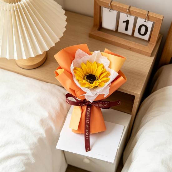Mini Fake Sunflower Bouquet Handcrafted Artificial Soap Carnation Rose Floral Decoration Valentine's Day Anniversary Birthday Gift for Women Wife