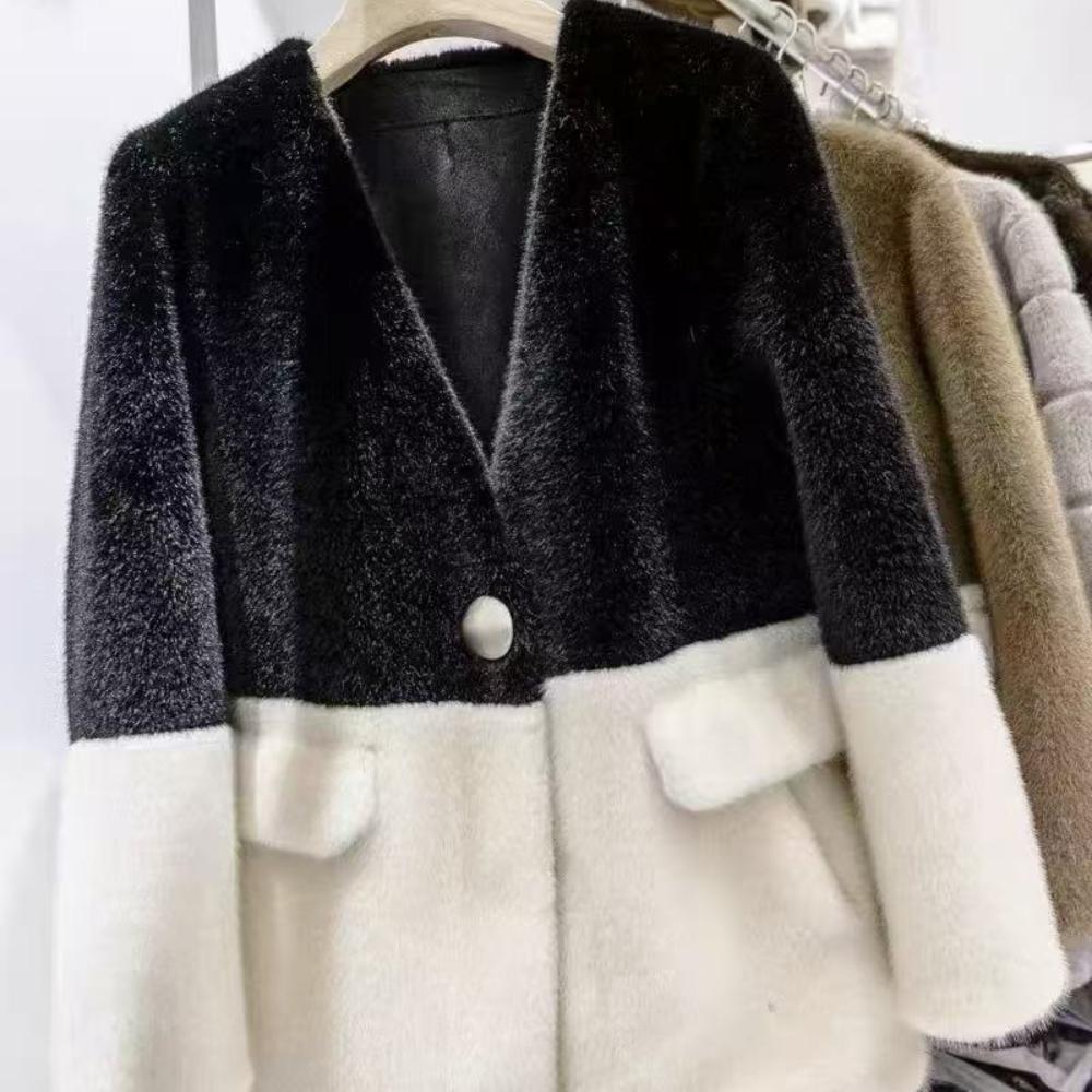 2025 Autumn/Winter New Plush Head High Collar Zipper Kangaroo Pocket Contrast Splicing Women's Coat