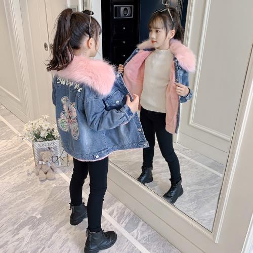 Girls' Jackets Autumn and Winter Models Children's Denim Plus Velvet Thick Winter Cotton Clothes CUHK Children