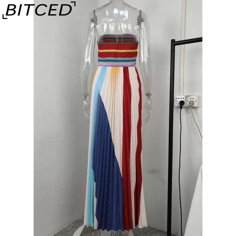 BITCED Summer Women's Fashion Print Sleeveless Halter Neck High-Waisted Long-Line Full-Skirted Dress