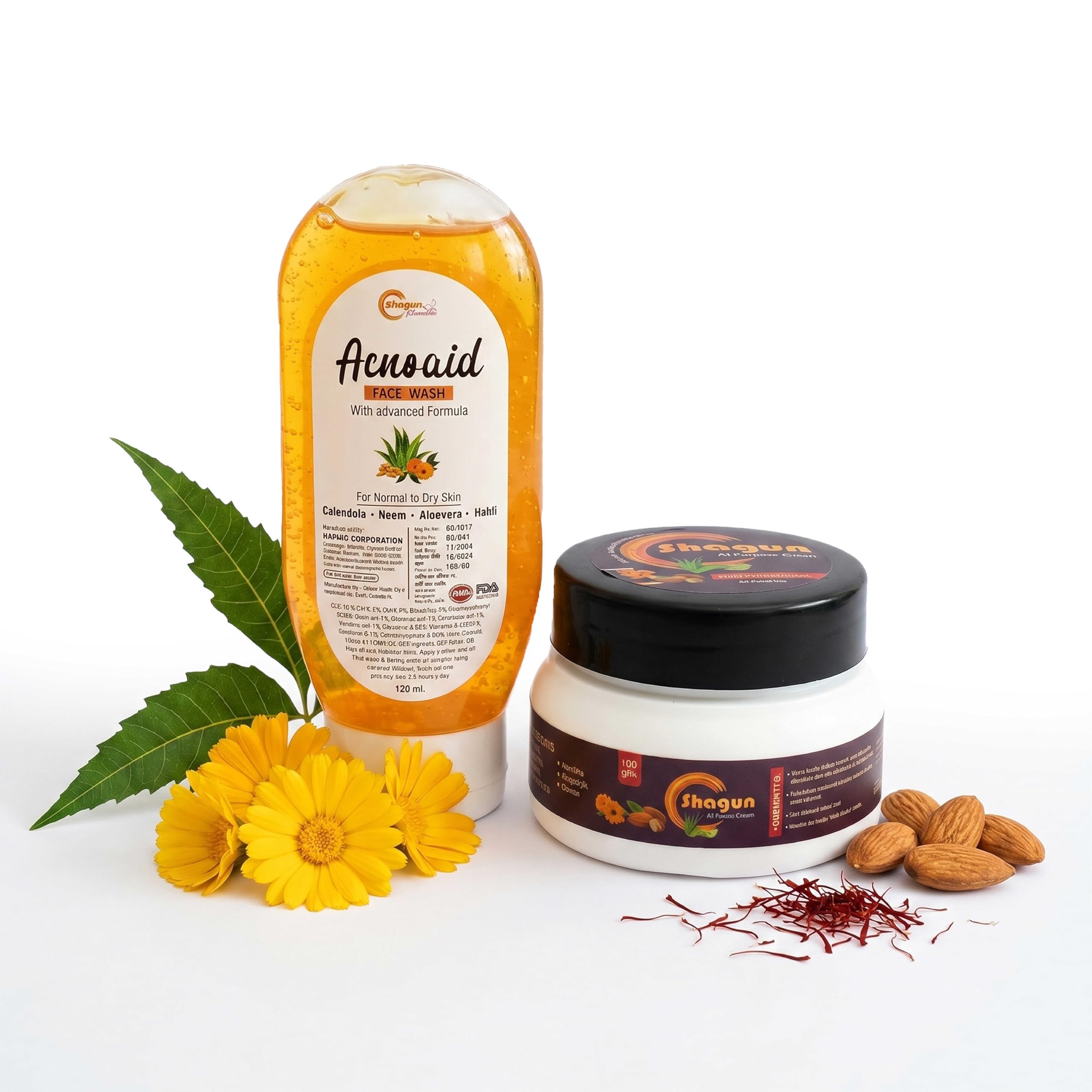 Shagun Naturovita All Purpose Cream & Acnoaid Face Wash Combo Pack, With Neem, Haldi, Aloe Vera & Natural Ingredients, pH Balanced Skincare for All