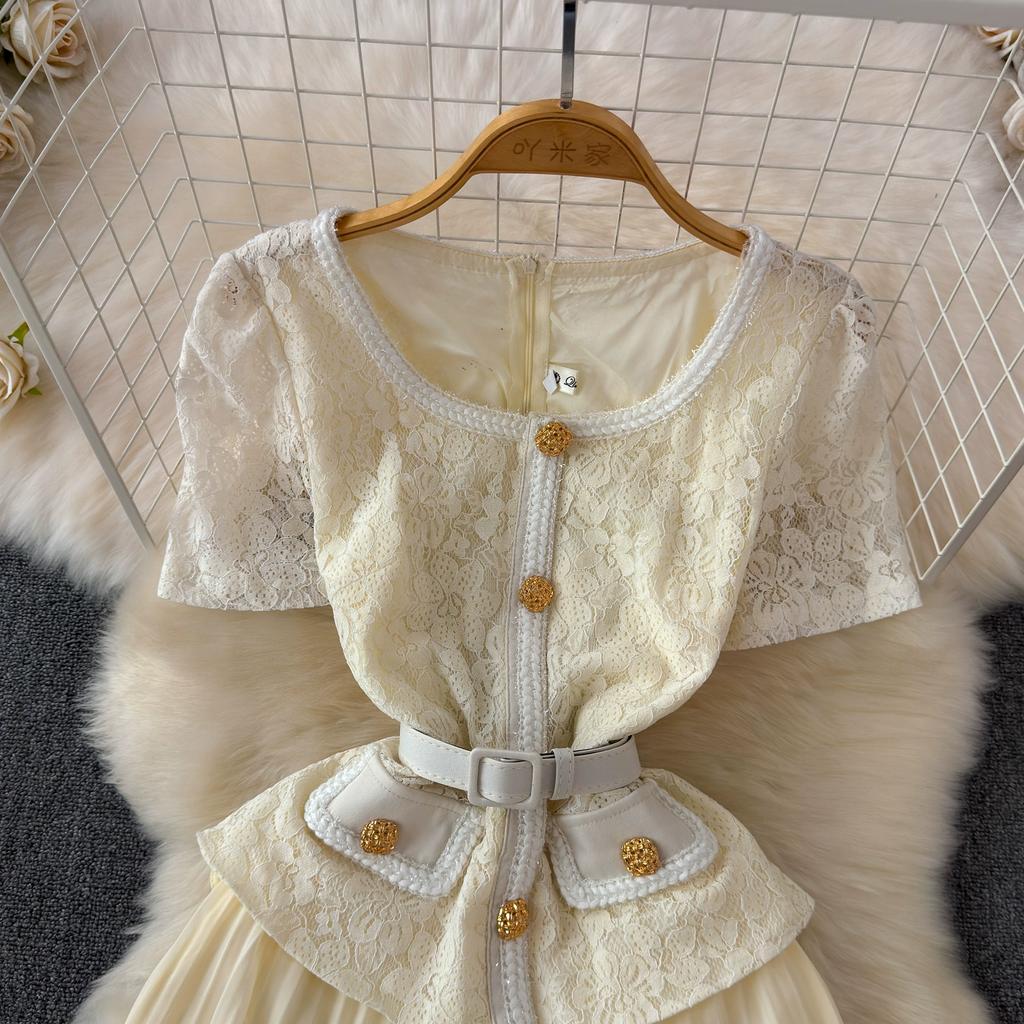 Summer Women Elegant Lace Chiffon Patchwork Party Dresses with Belt