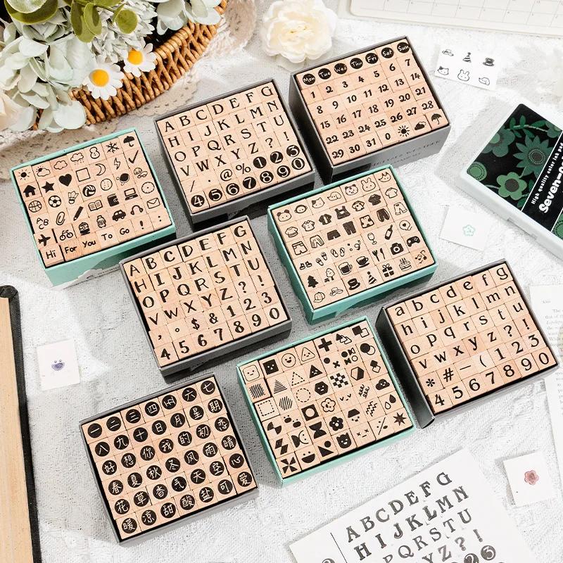 42Pcs Wooden Seals Assorted Stamp Numbers, Letters Geometric Figures, Small Expressions, Happy Party Series Handbook Seals
