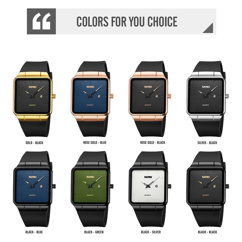 Square Men's Watch Leather Strap Black Simple Slim Stylish Waterproof Business Casual Gold Black
