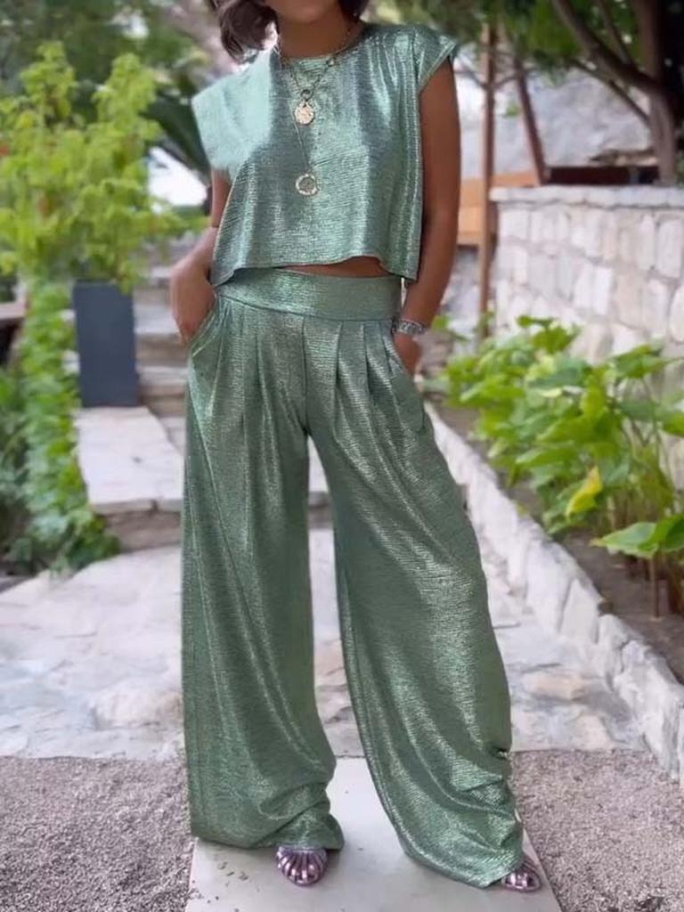 Summer New Arrivals Women's Fashion Casual Shiny Backless Wide Leg Pants Two-Piece Set