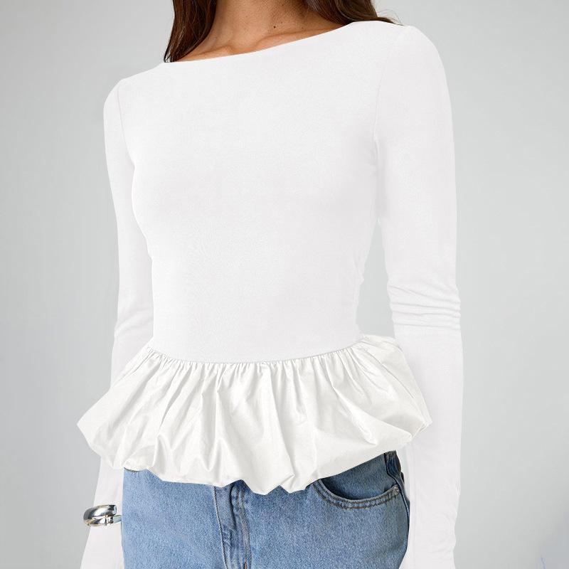 

Женские модные повседневные весенне-осенние однотонные блузки и рубашки с круглым вырезом с длинными рукавами и принтом S белый