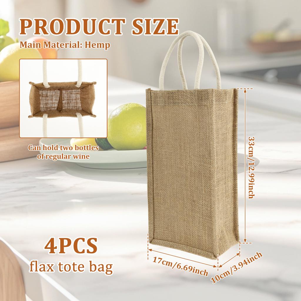 4 Pcs Jute Wine Tote Bag Reusable Burlap Tote Bags with Handles Champagne Package Bags for Weddings Parties Travel Storage