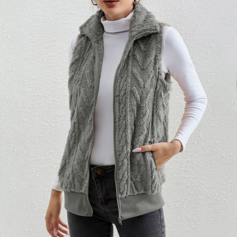 Women autumn solid Plush Cardigan Vest Casual Zipper Lapel Pocket Solid Color Warm Vest