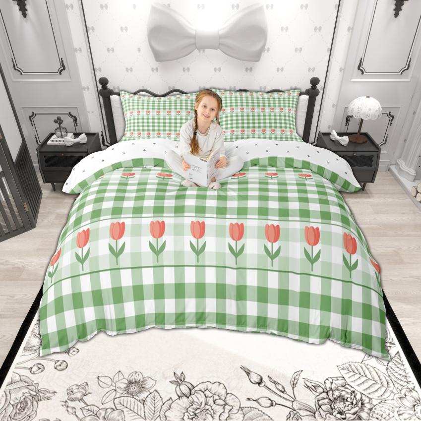 Homewish Colorful Floral Duvet Cover Set For Girls 2Pcs/3Pcs Cute Daisy Strawberry Bedding Cherry Flower Checkered Bed Set