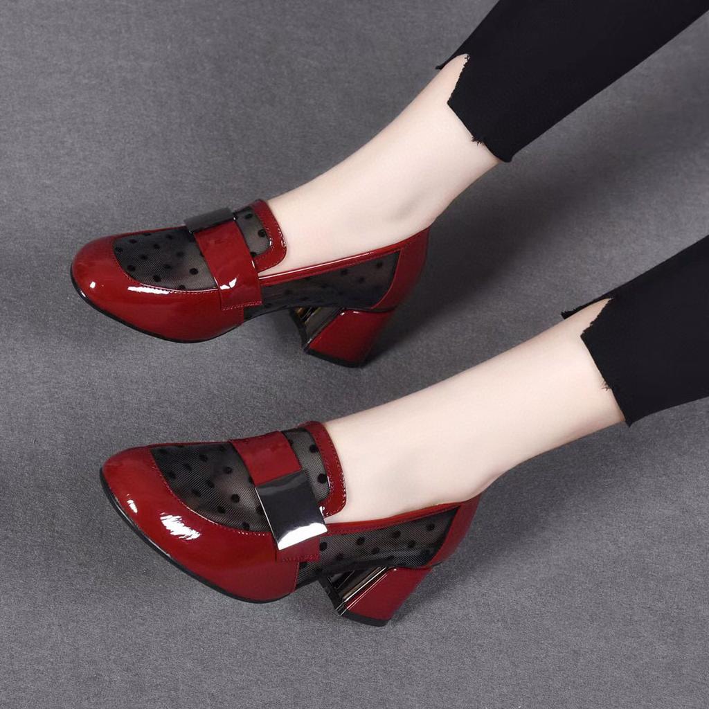 Mesh high heels women's shoes 2025 spring new round head thick heel cow patent leather women's single shoes mesh polka dot fashion shoes