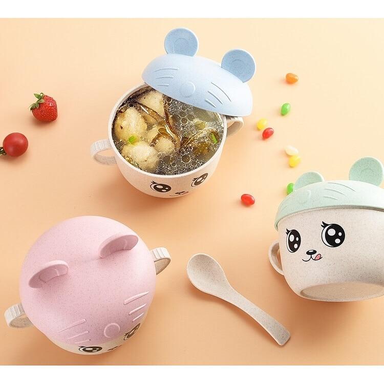 Lala KiDs Baby Straw Cup with Spoon 450ml Blue Bear Design Wheat Straw Eco-Friendly BPA-Free Durable Sterilizable
