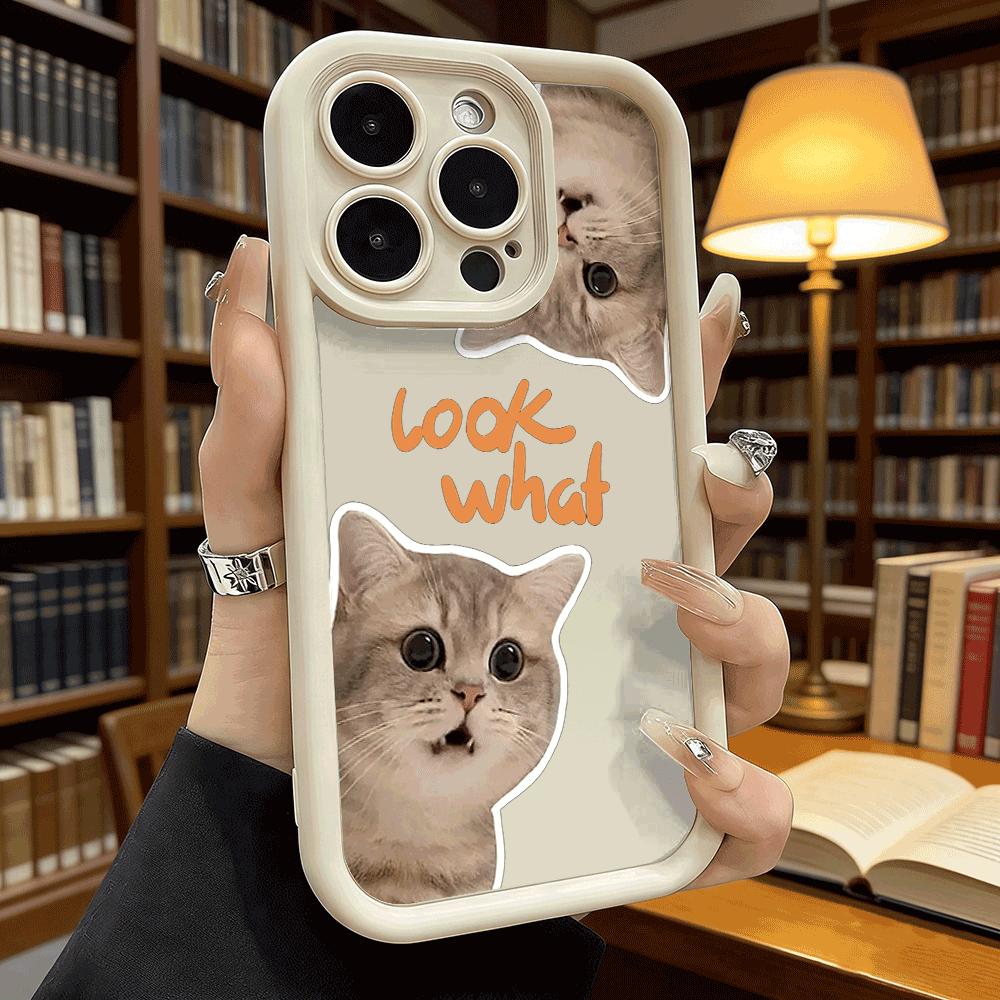 Cute Cat Faces with 'look What' Text Soft TPU Phone Case for iPhone 17 16 15 14 13 12 11 Pro Max Plus Shockproof Anti-Slip Cover
